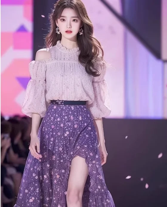 Spring Autumn Elegant Outfit Femme 2024 New Off-the-Shoulder Shirt and Skirt Sets Fashion Sweet Cute Women's Two-Piece Set