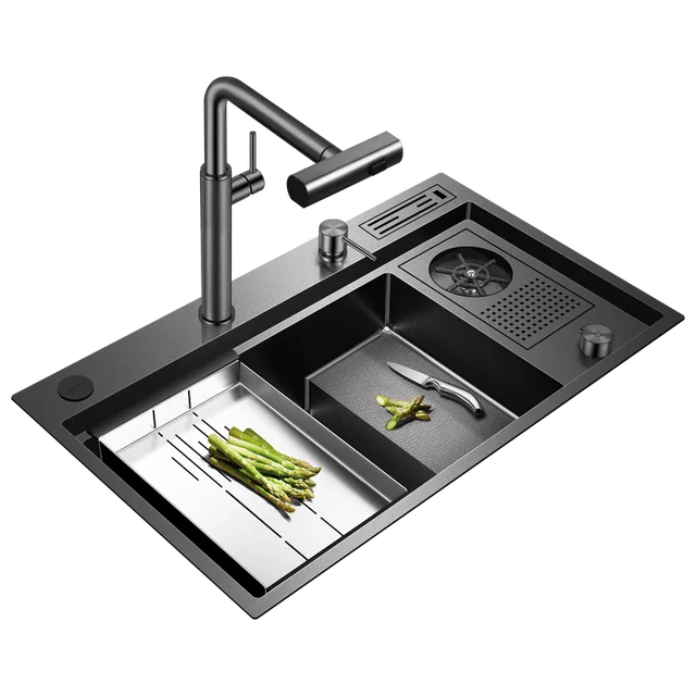 ASRAS ห้องครัวคุณภาพสูง 304 อ่างล้างจานสแตนเลส 2 ชั้น รูปแบบรังผึ้งนาโนสีเทามีสไตล์ 1
