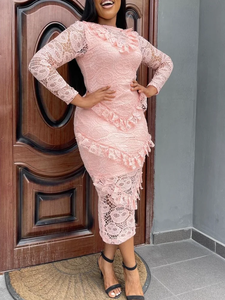 Pink Lace Elegant Dress For Women O Neck Long Sleeves Slim Ruffles With