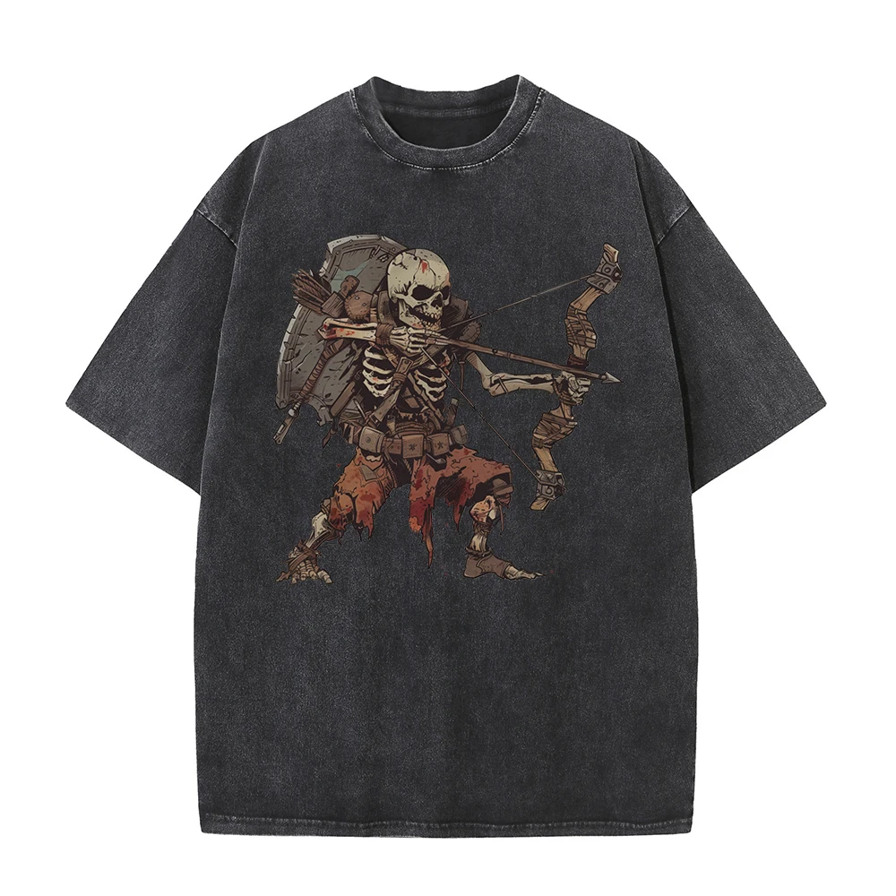 

Skeleton Undead Warrior Graphic T Shirts Dark Dungeon Comic Print Oversized Men‘s T-shirt Retro Distressed Washed Cotton Tops