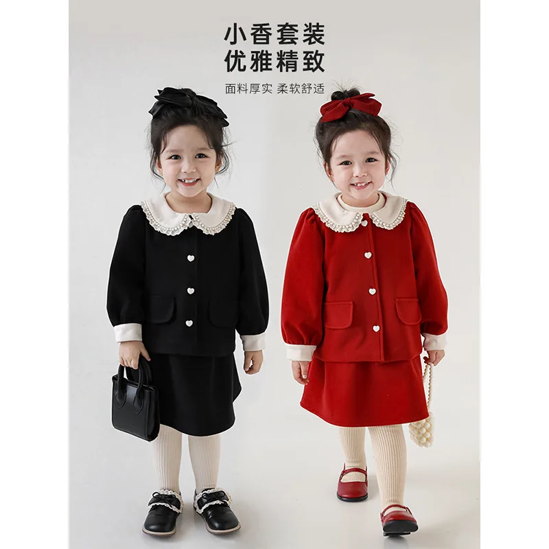 

Girls' Pearl Coat 2023 Winter New Children's Warm Jacket Skirt Two Piece Thick Set