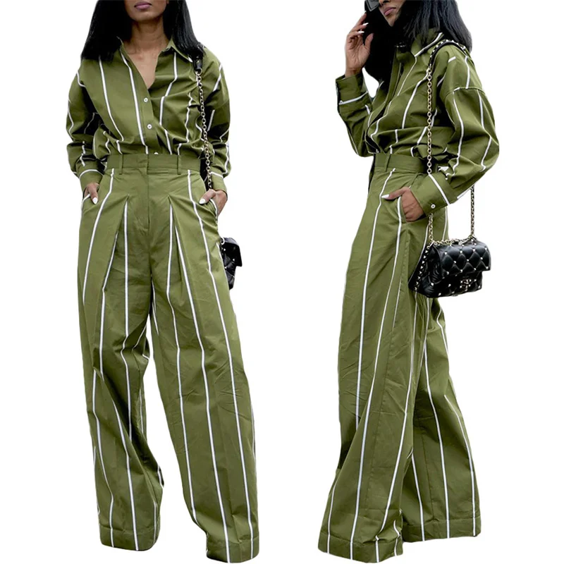 

2024 Ladies Striped Long-sleeved Lapel Bat Shirt Same Trousers Commuter Spring Professional Suit