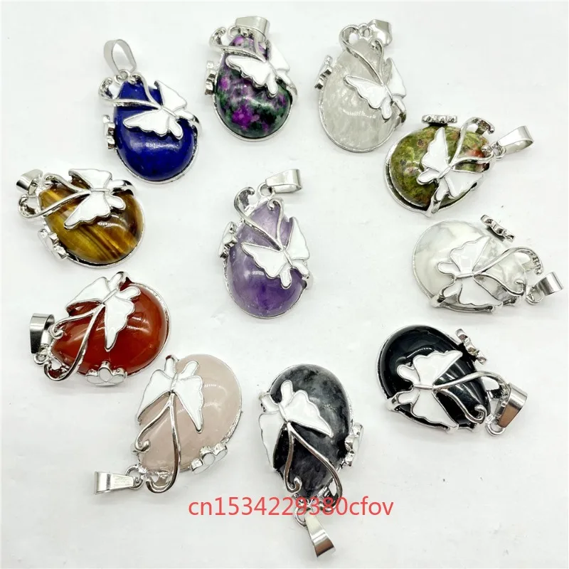 

5pc Various Types Natural Crystal Agate Semi Precious Butterfly Insect Alloy Inlaid Amethyst Pendant Necklace Accessories