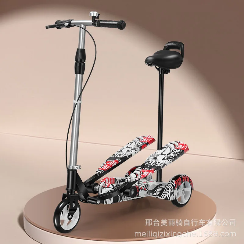 Children Double Pedal Scooter with Seat, Fold 3 Wheels Stepper