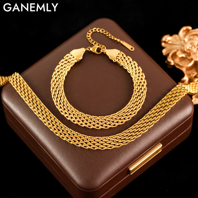 GANEMLY 316L الفولاذ المقاوم للصدأ المعادن سلسلة واسعة قلادة أساور مجموعة مجوهرات مقاومة للماء الذهب اللون سلسلة سحر طقم مجوهرات هدية 1