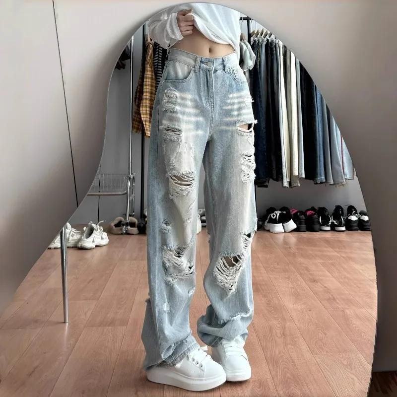 Jeans Rasgados Estilo Americano, Largura Solta, Cintura Alta, Cor Clara, Novidade para Homens e Mulheres no Verão