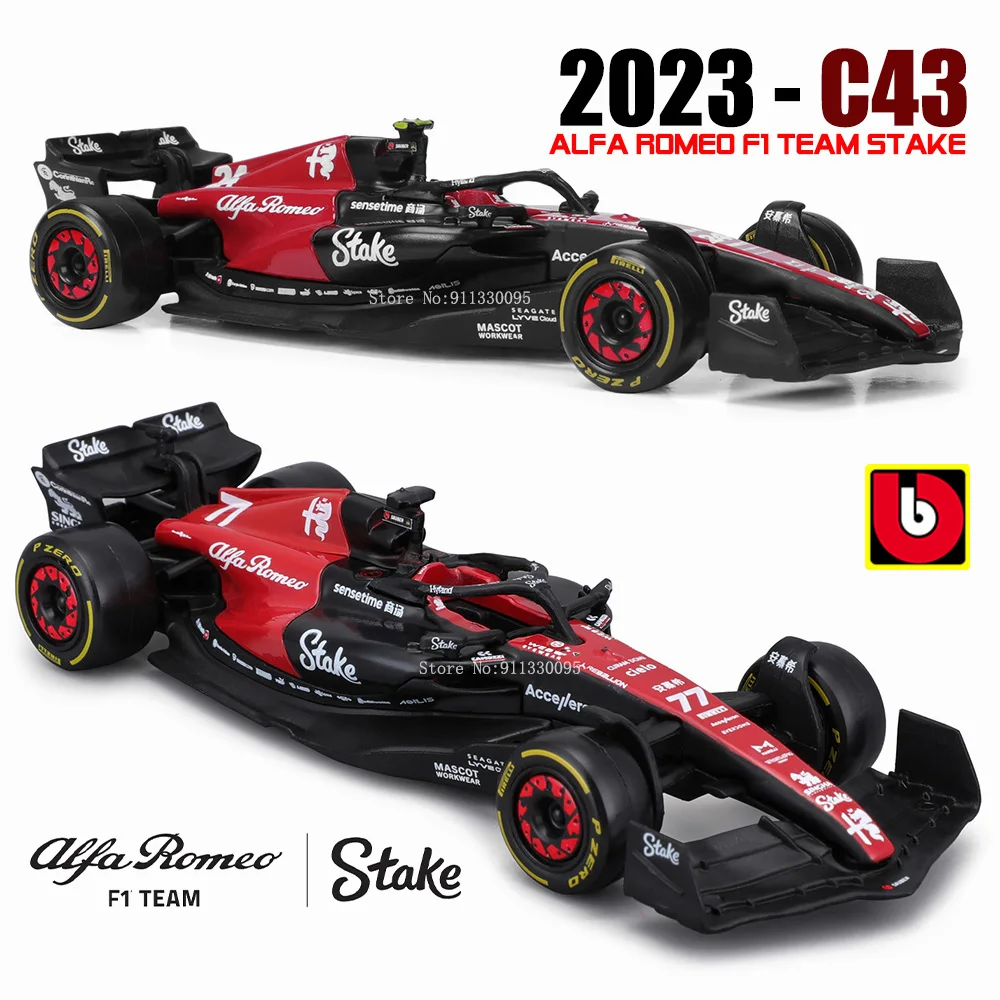 Bburago 1:43 Alfa Romeo F1 Team Stake 2023 C43  #24 Zhou Guanyu #77 Valtteri Bottas Alloy Car Die Cast Model Toy Collectible