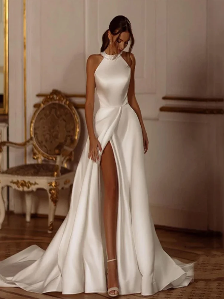 Elegant Halter Neck A-Line Wedding Dress With Bow Side Slit Pearls Zipper Gorgeous Bridal Gown Custom Made Vestido De Novia