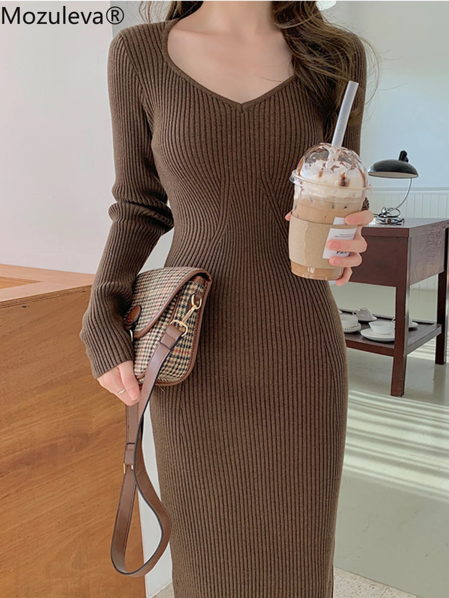 

Mozuleva V Neck Women Knitted Dress Autumn Winter Vintage Warm bodycon Dress Full Sleeve Thick Women Sweater Dress Vestidos