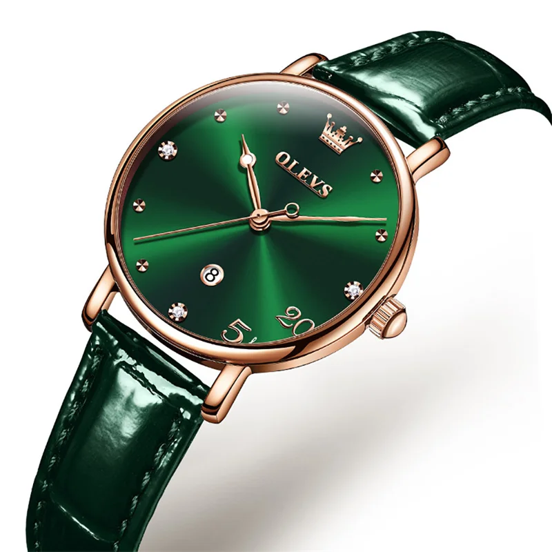 Watch For Women OLEVS Elegant Leather Calendar Waterproof Clock Fashion Forest Green Ladies Watch Gift Reloj Para Mujer