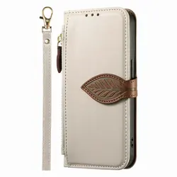 5G Leather Zipper Wallet Case for Samsung Galaxy - Premium Protective Cover (Beige - Short Strap)