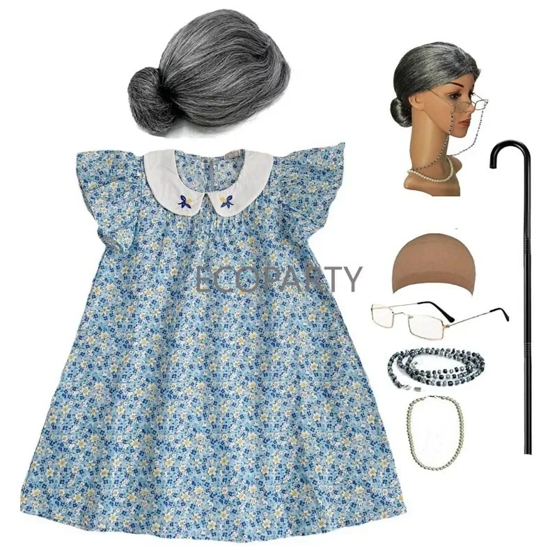 Girls Old Lady Costume Kit Nightgown Wig Cane Other Halloween Cosplay Accessories Ecoparty