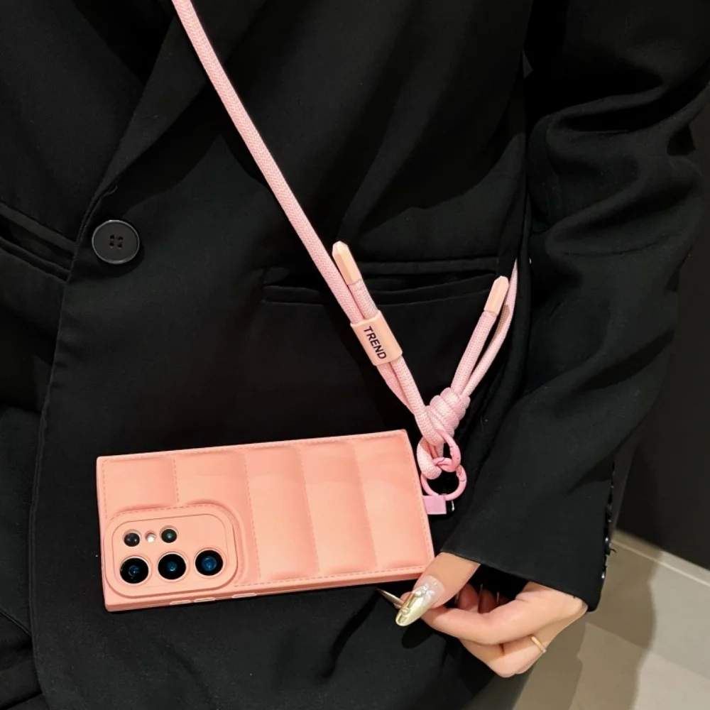 Luxury Down Jacket Crossbody Phone Case with Long Lanyard Strap Cover