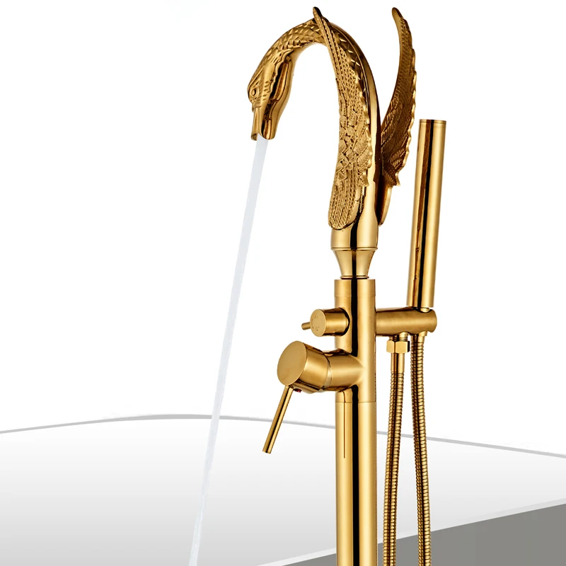 

Gold Bathroom Bathtub Faucet with Handheld Shower Free Standing Black Swan BathTub Mixer Taps Floor Mounted 3 colors