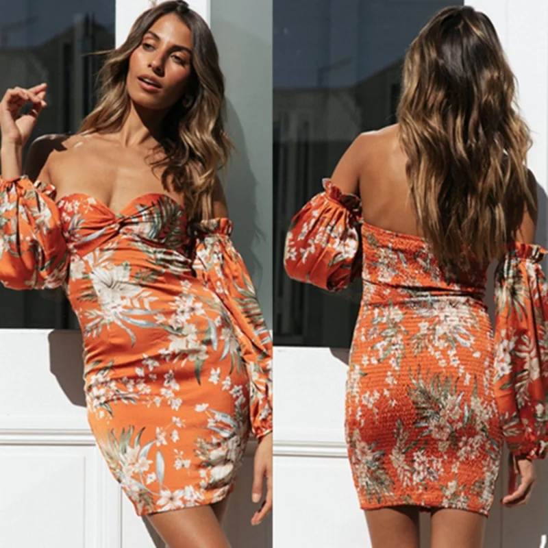 

Women's New Tube Top Printed Smocking Sheath Long Sleeve Dress