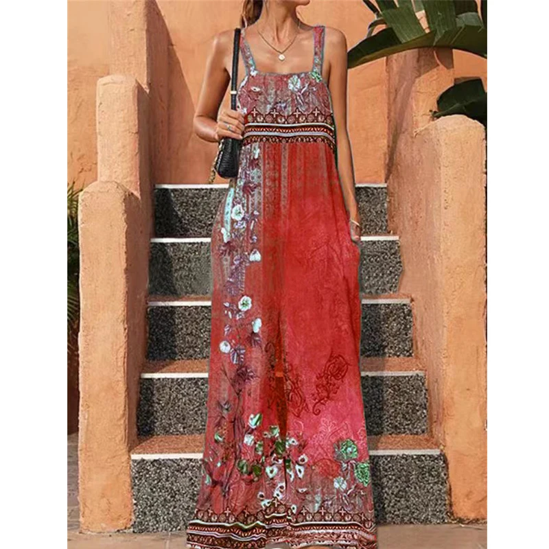 Women Retro Floral Print Boho Ethnic Style Jumpsuits Summer Fashion Elegant Sexy Backless Sleeveless Rompers Wide Leg Pantalones