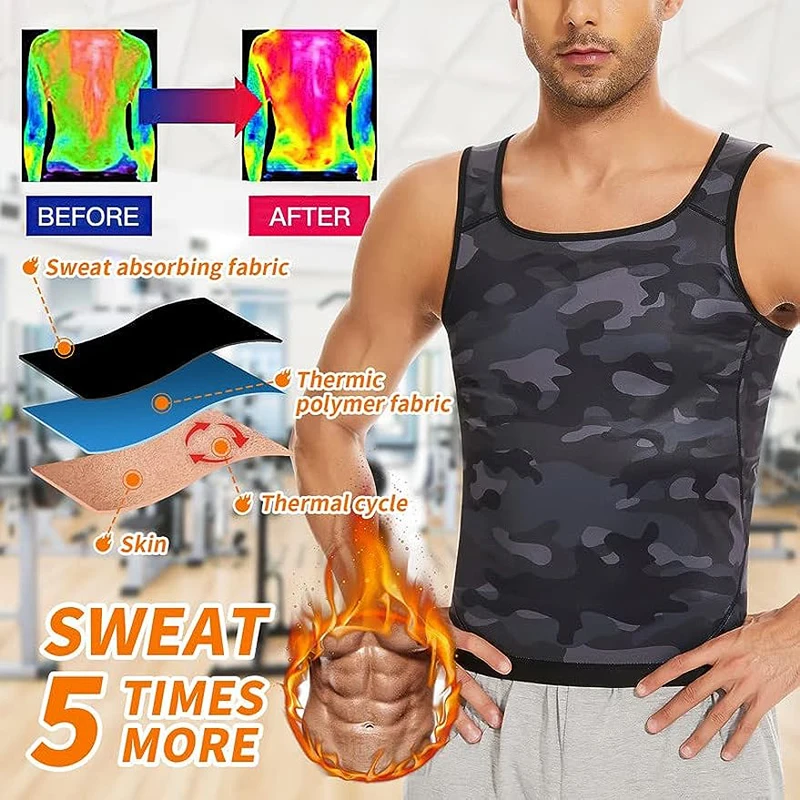 Camouflage Mens Body Shaper Sauna Suit Waist Trainer Weight Loss Workout Tank Tops Pullover Heat Trapping Sweat Enhancing Vest