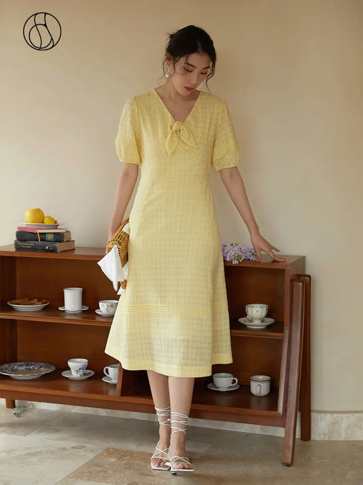 

DUSHU Sweet Lovely V-neck Yellow Dress for Women Summer Chic Design High Waist Slimming Thin Gentle Wind Tea Break Dress Female