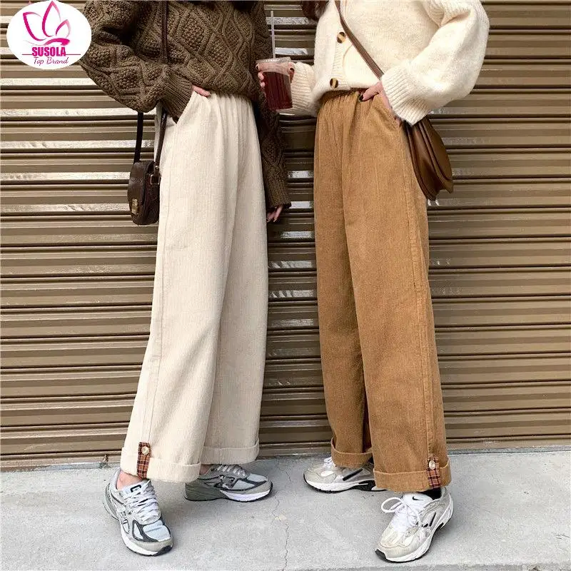 

SUSOLA Brown Corduroy Thick Wide Leg Pants Women Korean Trend Beige Trousers Female Oversize High Waist Winter Lady Loose Pants