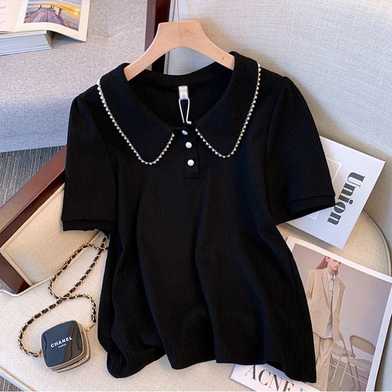 Large Size Doll Collar Nail Bead Short Sleeves T-shirt Summer New Casual Loose Slimming Versatile Tops Fashion Clothes for Women