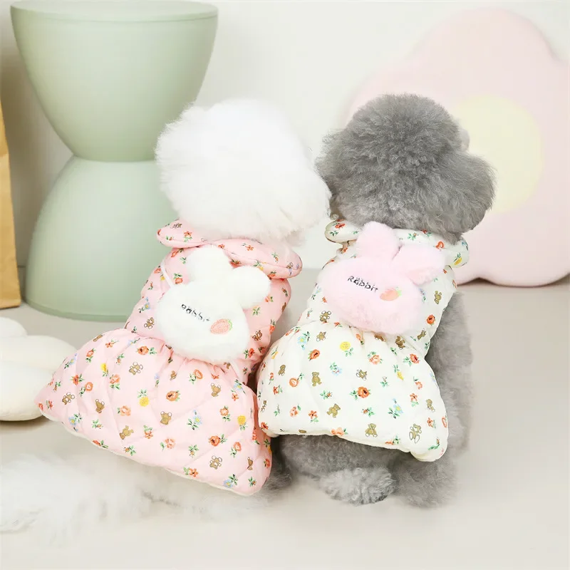 

New Medium and Small Puppet Cat Teddy Dog Pet Warm and Cute Rabbit Cotton Dress In Autumn and Winter