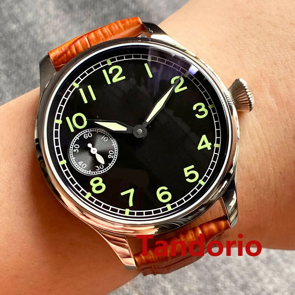 

44mm Parnis Black Dial 17 jewels 6497 Hand Winding Men Watch Leather Band
