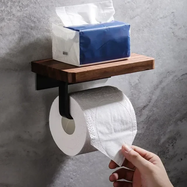 Porte-papier hygiénique en bois, support mural pour salle de bains, support pour téléphone, étagère de rangement pour rouleau de serviettes, accessoires 2