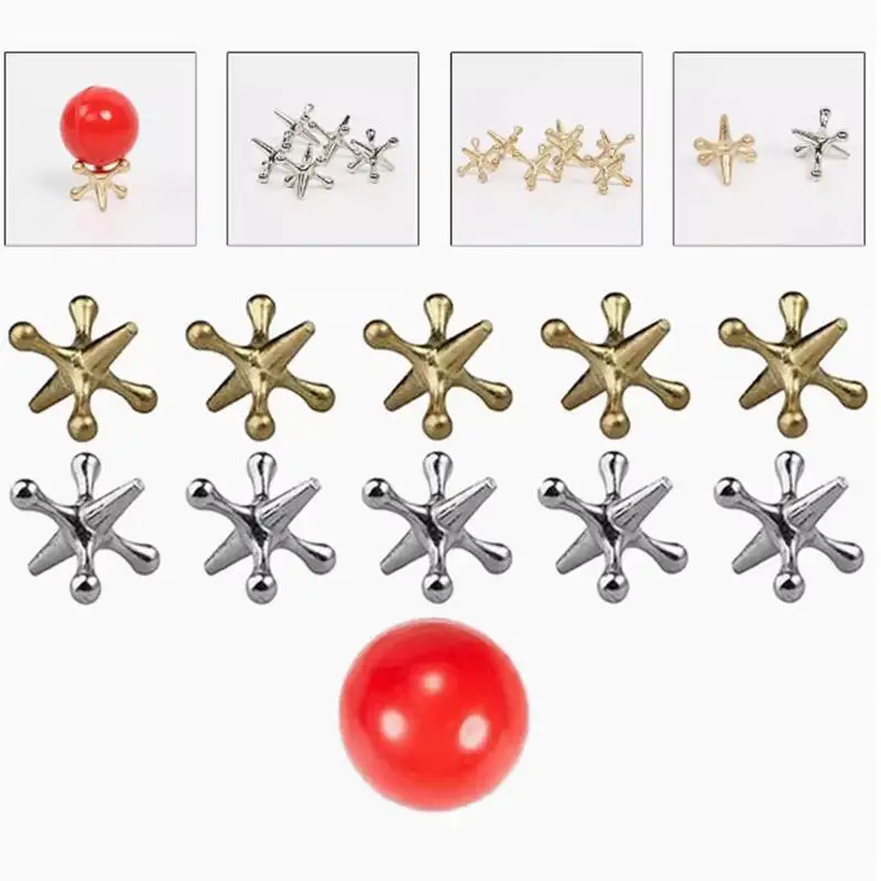 Festive Gold & Silver Metal Jacks Set with Red Rubber Ball - Classic Holiday Game Kit