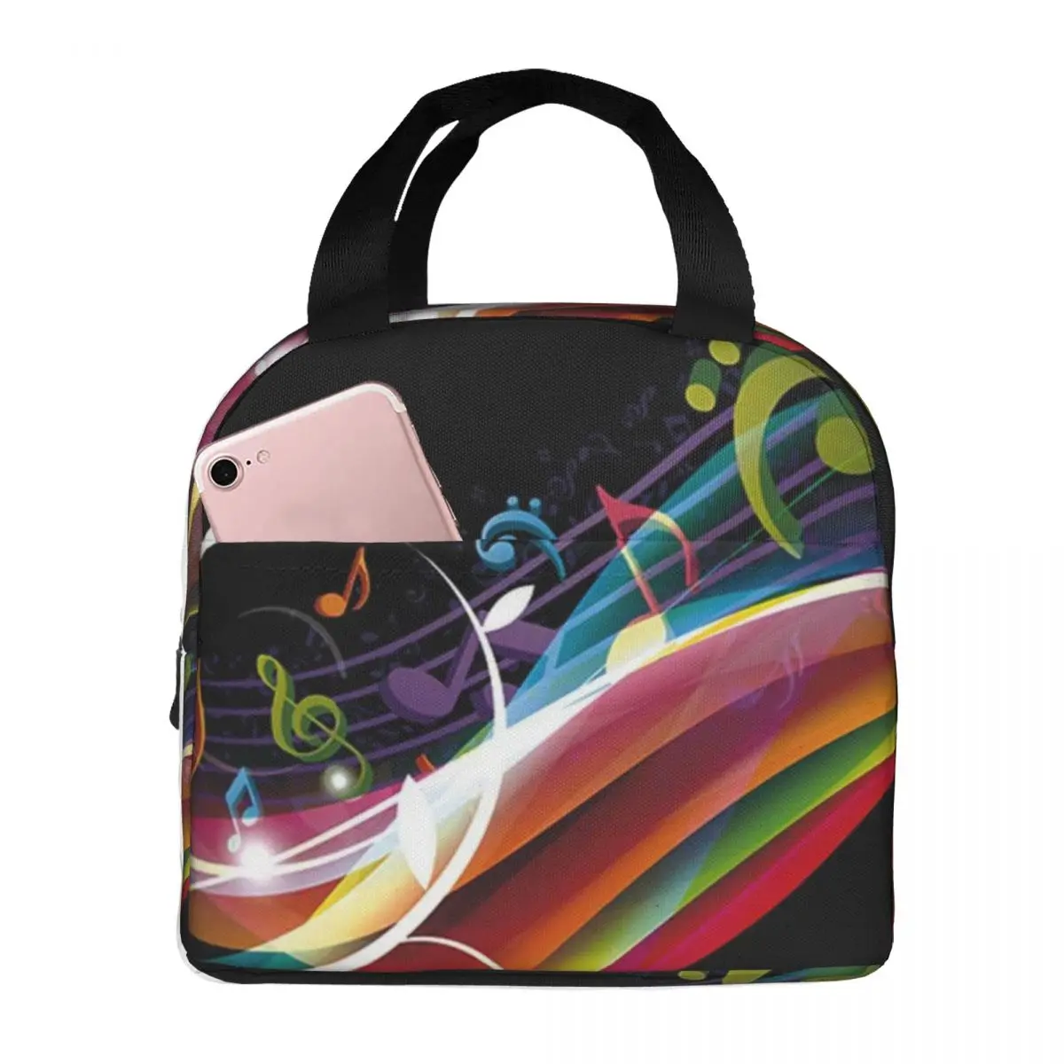 

Rainbow Music Note Portable Insulated Oxford Lunch Bag Reusable Lunch Box Lunch Organizer Thermal Cooler Tote Bag