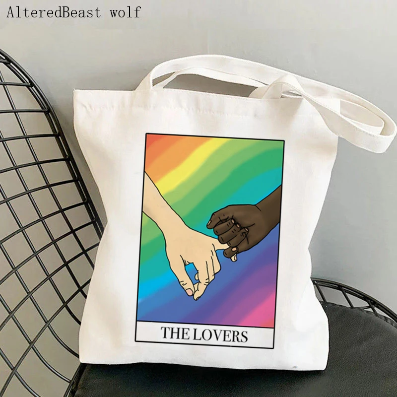 

Women Shopper bag magic The Lovers LGBTQ Pride Tarot card witchy Bag Harajuku Canvas Shopper Bag girl handbag Shoulder Lady Bag