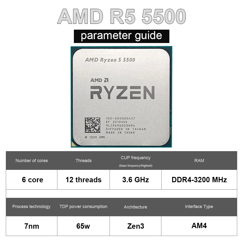 AMD Ryzen 5 5500 R5 5500 3.6GHz Six-Core Twelve-Thread CPU Processor 7NM 65W L3 = 16M 100-000000457 Socket AM4 NO FAN Cpu Processor