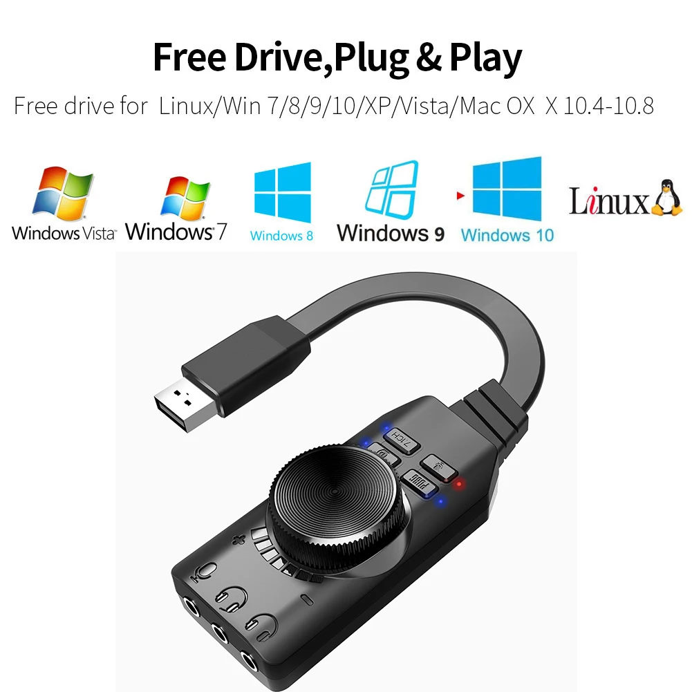 GS3 7.1 채널 USB 사운드 카드 어댑터 외부 볼륨 조절 가능 오디오 잭 케이블 음소거 스위치 조정(Windows용)