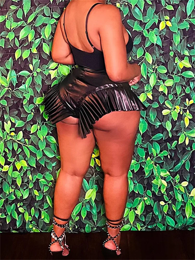 Simenual Black Faux Leather Pu Ruffle Shorts Y2K Hot Pleated High Waist Mini Pants Baddie Bottoms Trim Clubwear For Women 2023