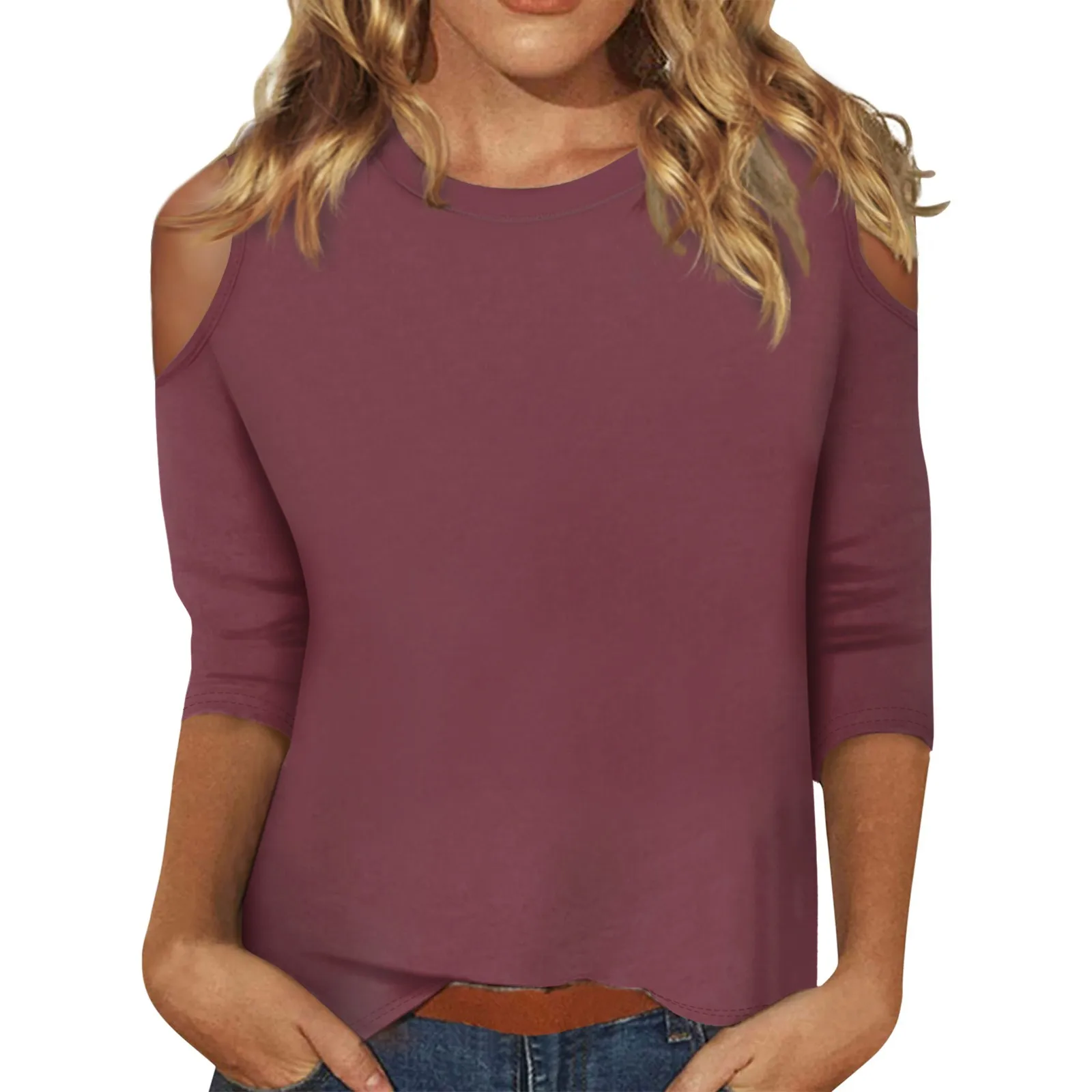 

Женские сексуальные футболки с открытыми плечами и рукавом 3/4, милые топы с круглым вырезом, однотонные базовые футболки, летний пуловер, топ, женская модная блузка 2024