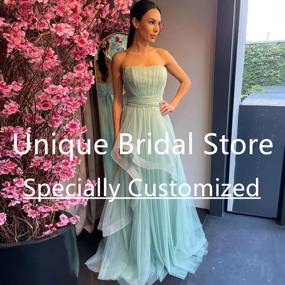 

Mint Green Tulle Formal Prom Dresses Strapless Zipper Evening Gowns Pleats A-Line Romantic Women Wedding Party Bridesmaid Gown