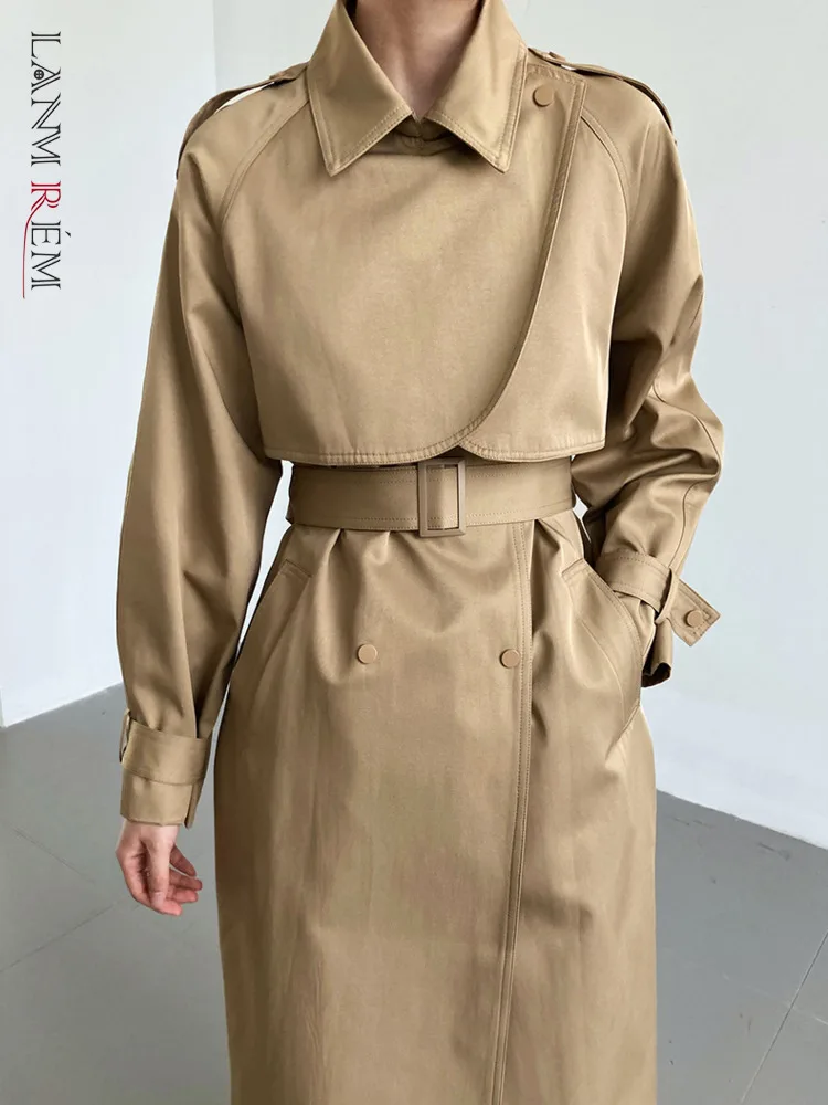 

LANMREM средней длины пальто для женщин с отворотом сплошной цвет высокого класса пояс ветровка женская модная одежда 2024 Весна 2R4603