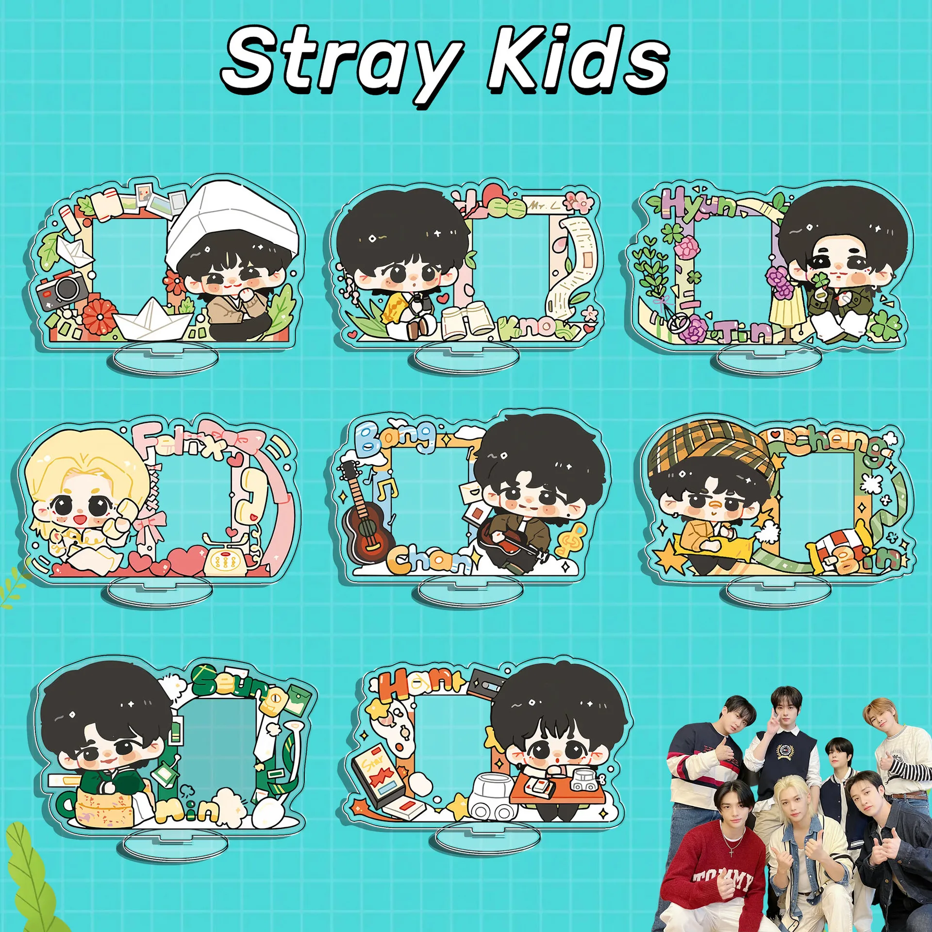 

KPOP Straykids Acrylic Transparent Standing Brand FELIX HYUNJIN BANGCHAN Double-sided Cartoon Tabletop Ornaments Card Storage