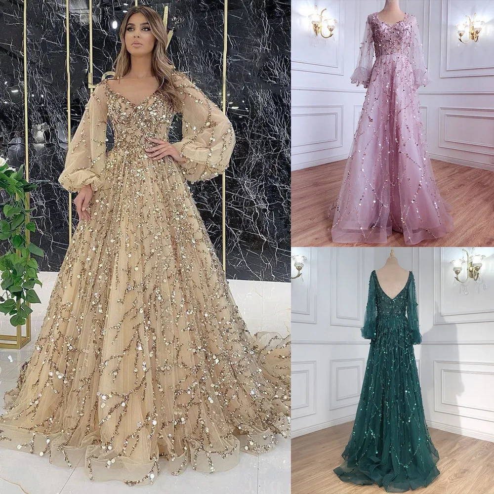 

Women Party Evening Floor Length Dress Elegant Sequins Lace Puff Long Sleeve V Neck High Waist Corset Graduation Gala Dress Gown