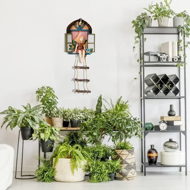 Tündér Ház Fa Függő Szobrászat Létra Gyanta Szobor Figura Kültéri Dísz Otthoni Kerti Udvari Művészeti Dekorációhoz - Image 3