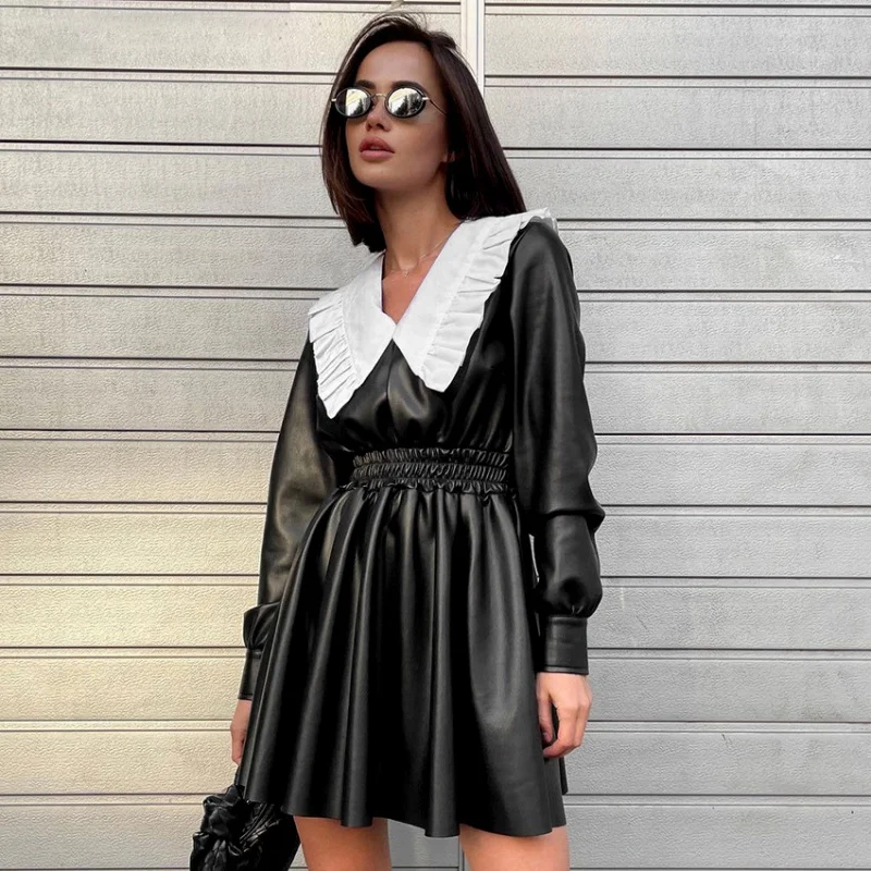 

Autumn New Pu Leather Skirt Dress Doll Collar Fitted Waist High Waist Long Sleeve Black Punk Street Women Yy18