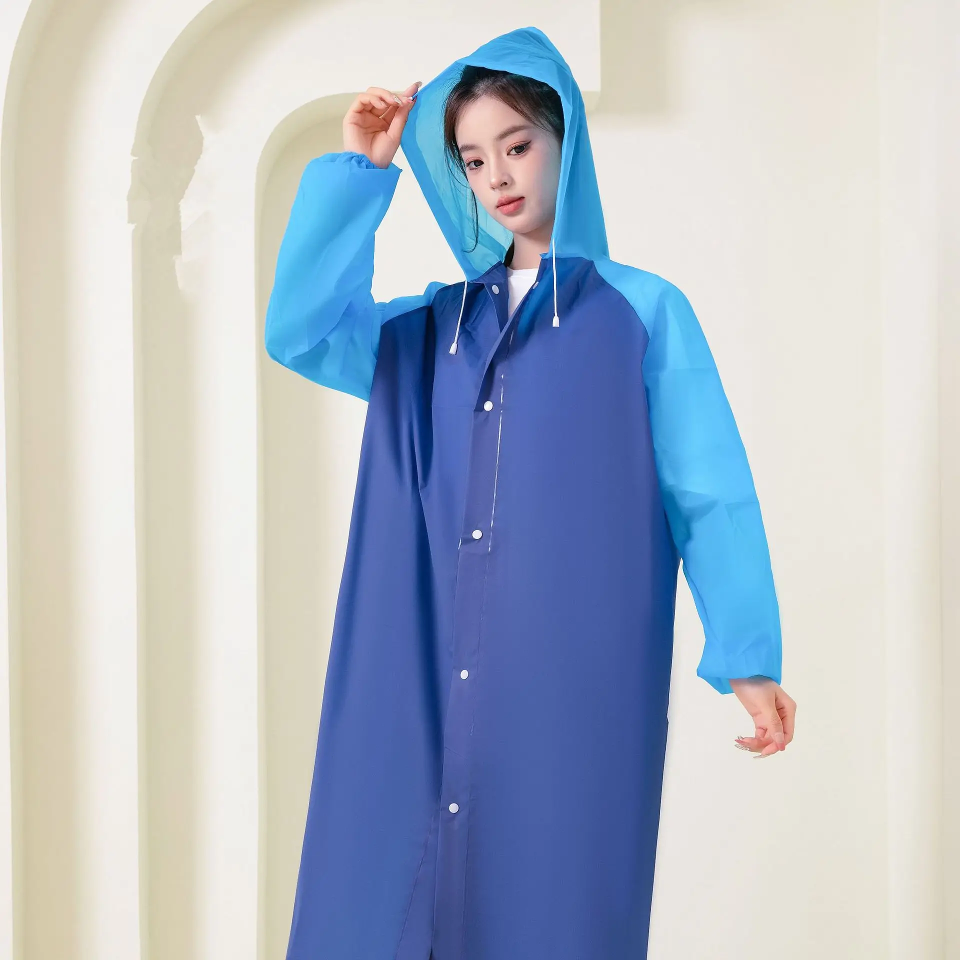 재사용 가능한 긴 후드 여행용 야외 우비 친환경 휴대용 성인용 투톤 컬러 블록..