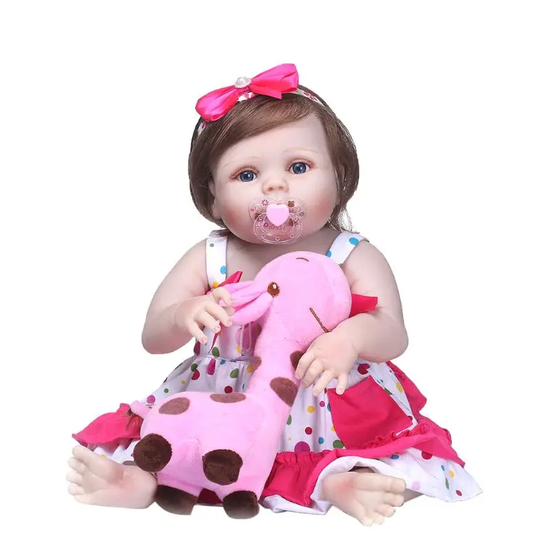 

22inch Full Silicone for Doll Polka Dot Skirt Bow Headband Hot Pink Dee
