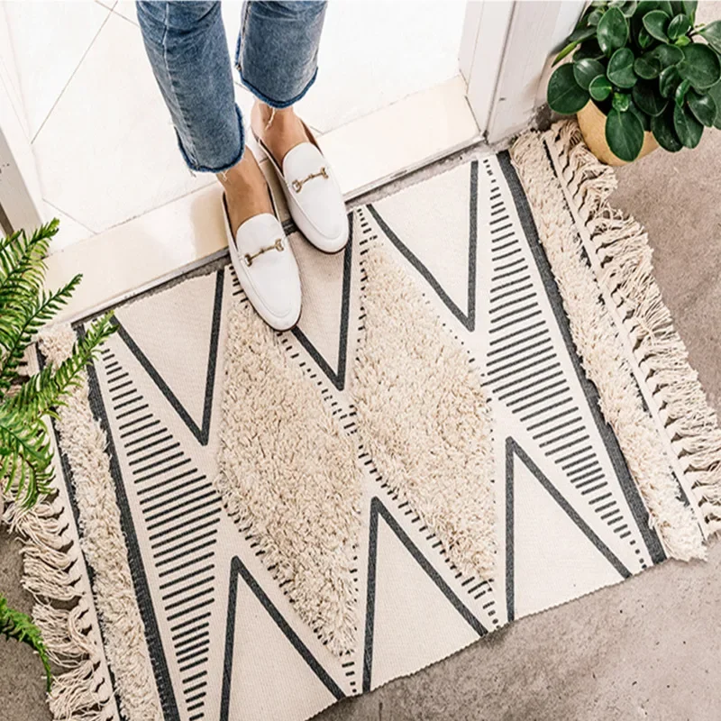 Creative Hand Woven Printed Area Rugs, Tufted Tassels, Throw Rug Machine Washable Bath Mat Doormat Carpet, Moroccan, Cotton, 1Pc