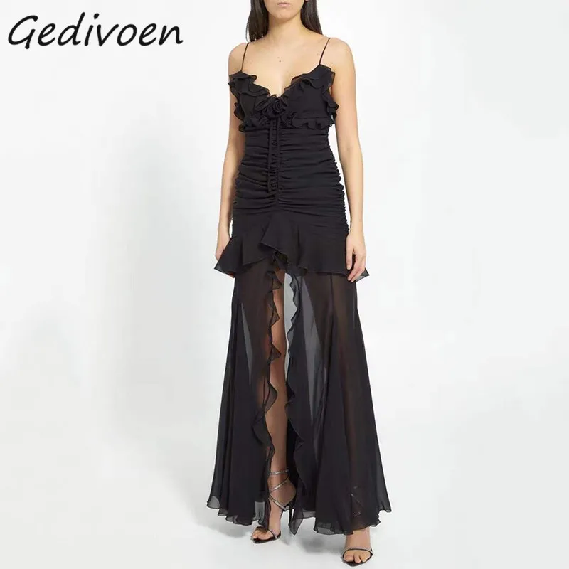 

Gedivoen Summer Fashion Designer Black Sling Dress Women's Slash Neck Backless Ruched Chiffon Ruffles Split Vintage Long Dresses