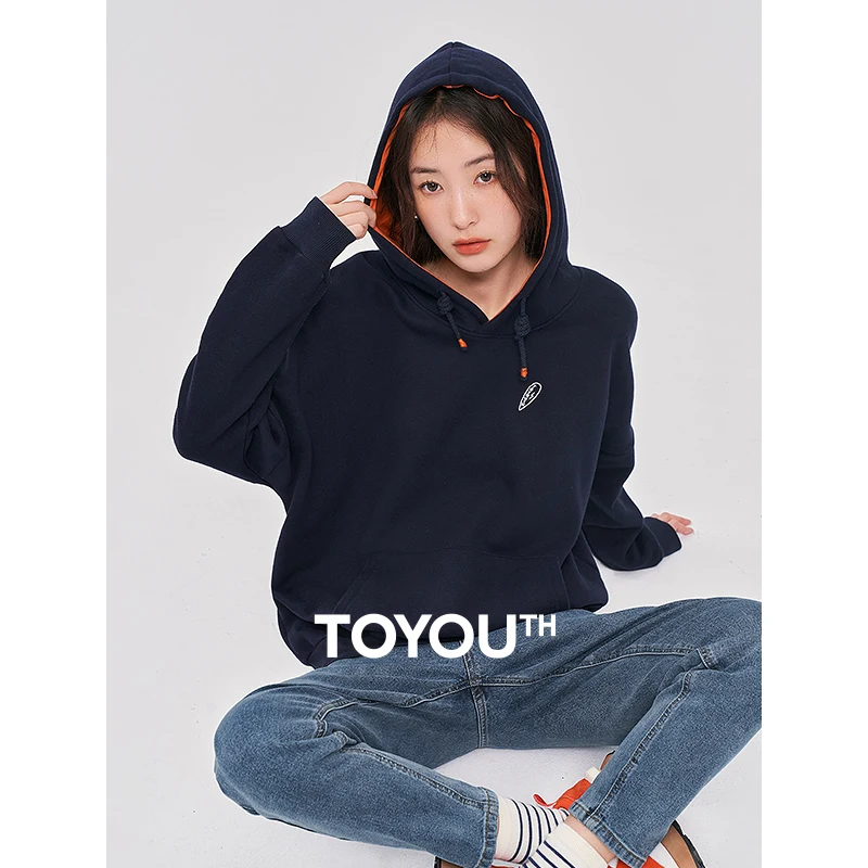 

Toyouth Women Fleece Hoodies 2023 Autumn Long Sleeve Loose Hooded Sweatshirt Embroidery Fashion Casual All Match Pullover Tops