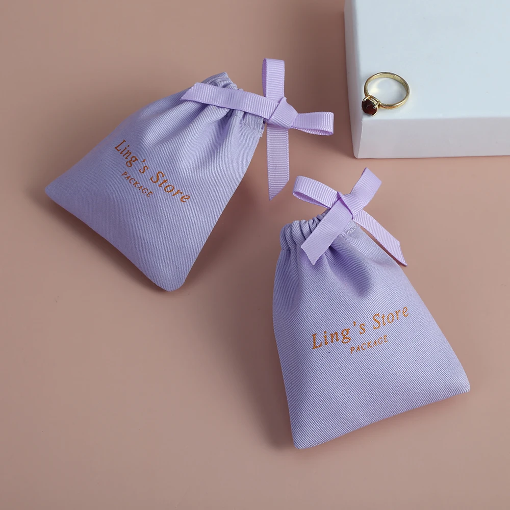 100Pcs Personalized Logo Name Purple Cotton Canvas Jewelry Ring Display Packaging Drawstring Gift Bags Wedding Favors Candy Bag