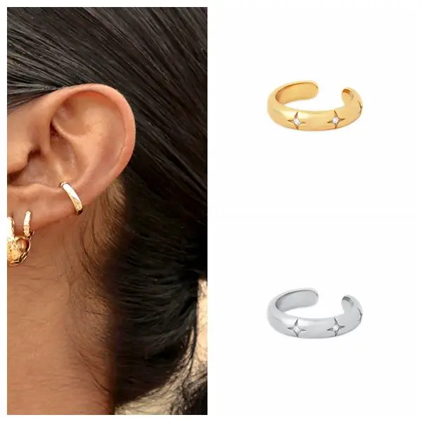 

1PC 24k Gold-Plated Silver Metal Punk Ear Cuff Clip Earrings Europe and America Piercing Ear Cuff Female C-Shape Crystal Earring