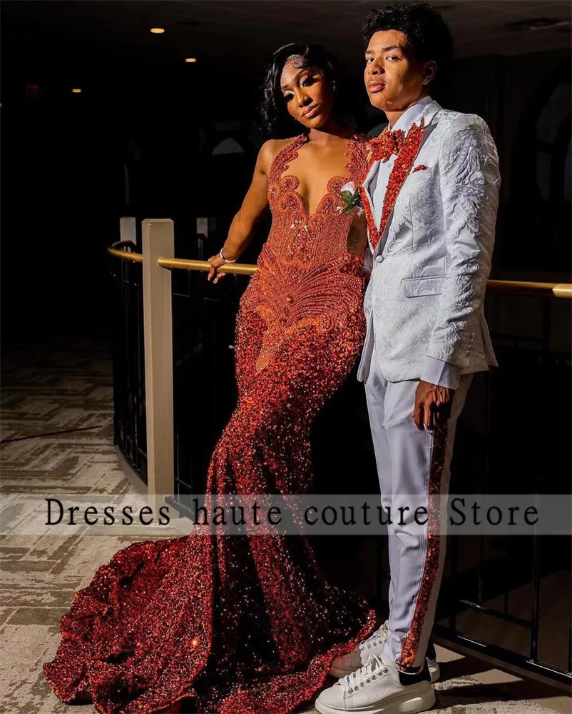 

Luxury Orange Rhinestones Sequins Long Prom Dresses 2024 For Black Girls Crystal Mermaid Wedding Party Dress Evening Dress