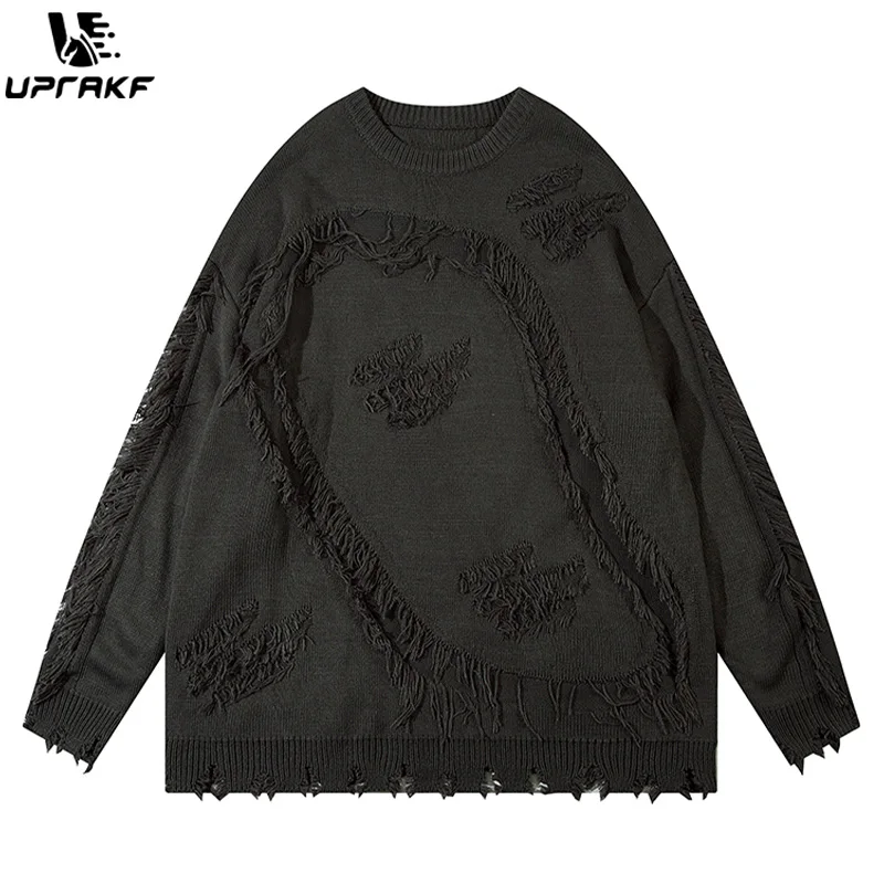 

UPRAKF Ripped Sweater Solid Color Autumn Fashion Streetwear Pullover Winter Casual Long Sleeve Loose Hollow O Neck