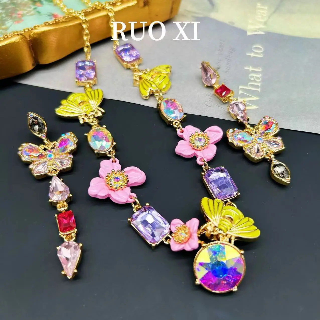 Vintage Enamel Bee Butterfly Flower Earrings Necklace  Women Teen Girls Jewelry Sets